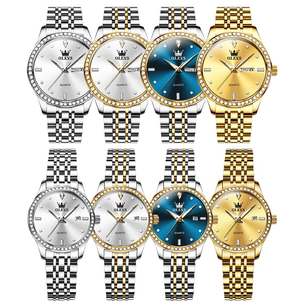 OLEVS 3625N Diamond Bezel Quartz Couple Watches Set - All Gold Watch | Olevs Watch Store