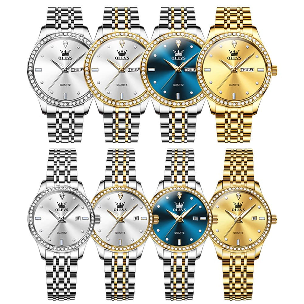 OLEVS 3625N Diamond Bezel Quartz Couple Watches Set - All Gold Watch | Olevs Watch Store