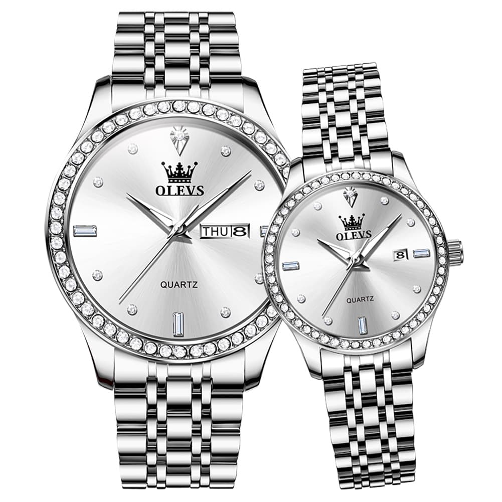 OLEVS 3625N Diamond Bezel Quartz Couple Watches Set - Silver White Watch | Olevs Watch Store