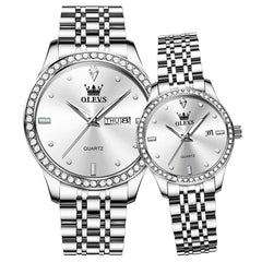 OLEVS 3625N Diamond Bezel Quartz Couple Watches Set - Silver White Watch | Olevs Watch Store