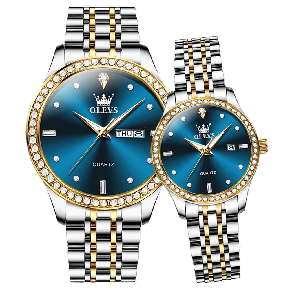 OLEVS 3625N Diamond Bezel Quartz Couple Watches Set - Two Tone Blue Watch | Olevs Watch Store