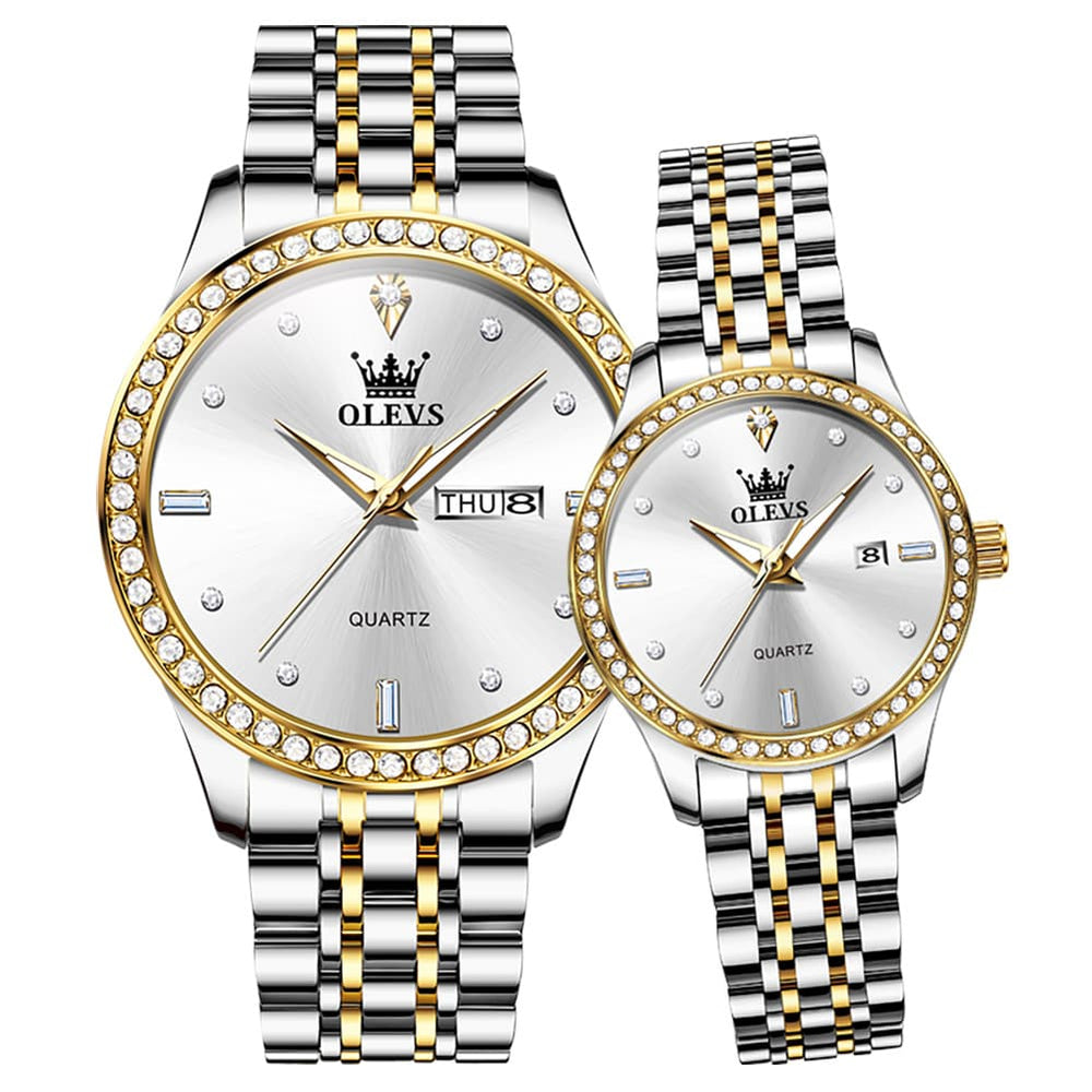 OLEVS 3625N Diamond Bezel Quartz Couple Watches Set - Two Tone White Watch | Olevs Watch Store
