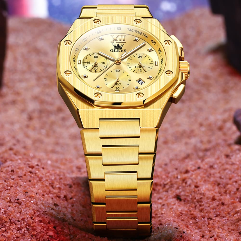 OLEVS 3626 Octagonal Chronograph Quartz Steel Watch for Men - All Gold Watch | Olevs Watch Store