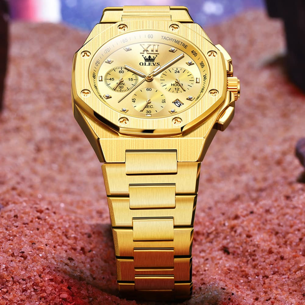 OLEVS 3626 Octagonal Chronograph Quartz Steel Watch for Men - All Gold Watch | Olevs Watch Store
