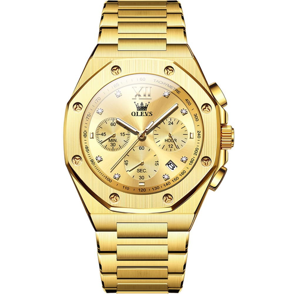 OLEVS 3626 Octagonal Chronograph Quartz Steel Watch for Men - All Gold Watch | Olevs Watch Store