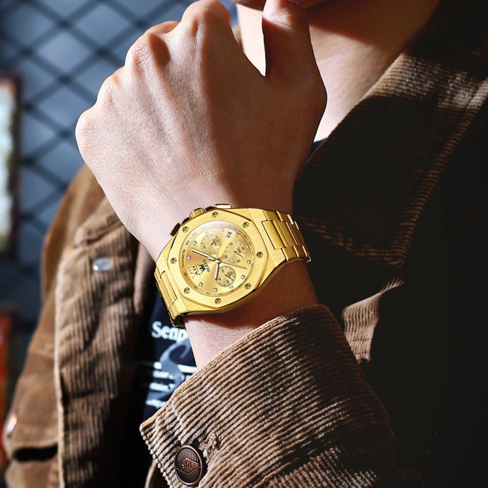 OLEVS 3626 Octagonal Chronograph Quartz Steel Watch for Men - All Gold Watch | Olevs Watch Store