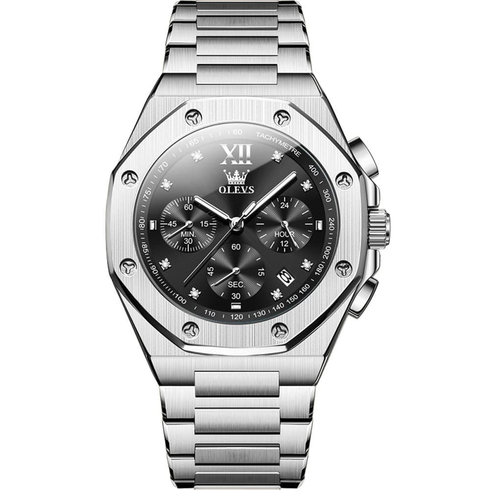 OLEVS 3626 Octagonal Chronograph Quartz Steel Watch for Men - Silver Black Watch | Olevs Watch Store