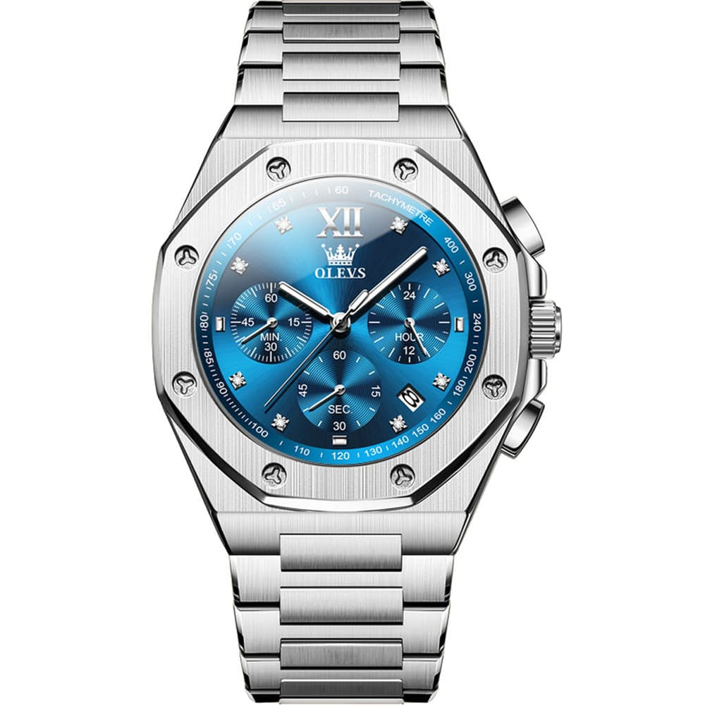 OLEVS 3626 Octagonal Chronograph Quartz Steel Watch for Men - Silver Blue Watch | Olevs Watch Store