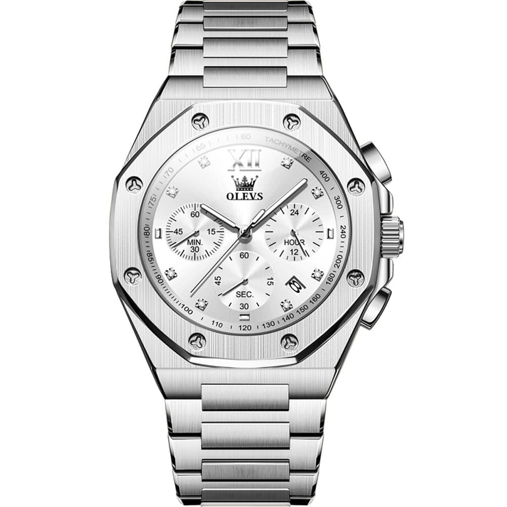 OLEVS 3626 Octagonal Chronograph Quartz Steel Watch for Men - Silver White Watch | Olevs Watch Store