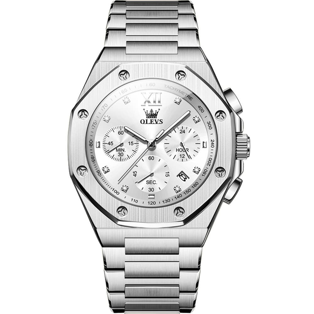 OLEVS 3626 Octagonal Chronograph Quartz Steel Watch for Men - Silver White Watch | Olevs Watch Store