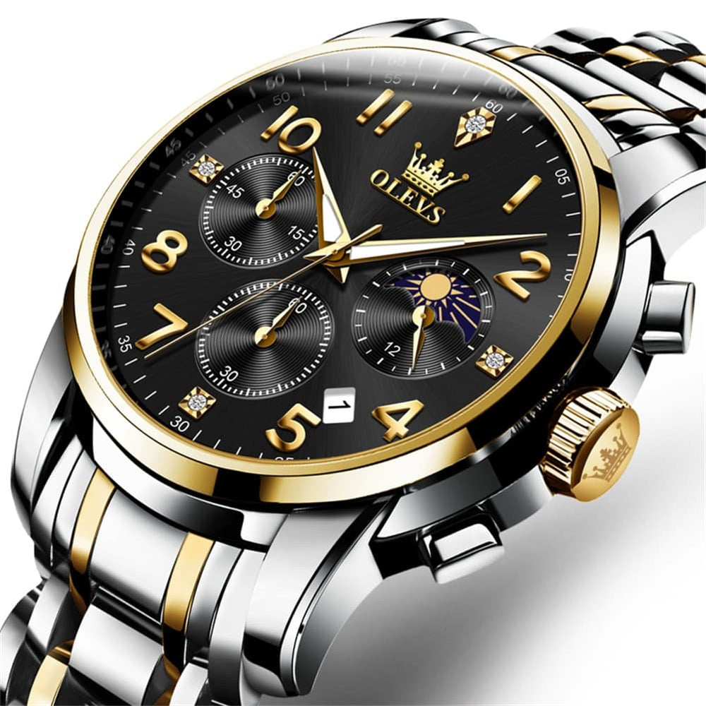 OLEVS 3628 Multifunction Moon Phase Quartz Watch for Men - All Gold Watch | Olevs Watch Store