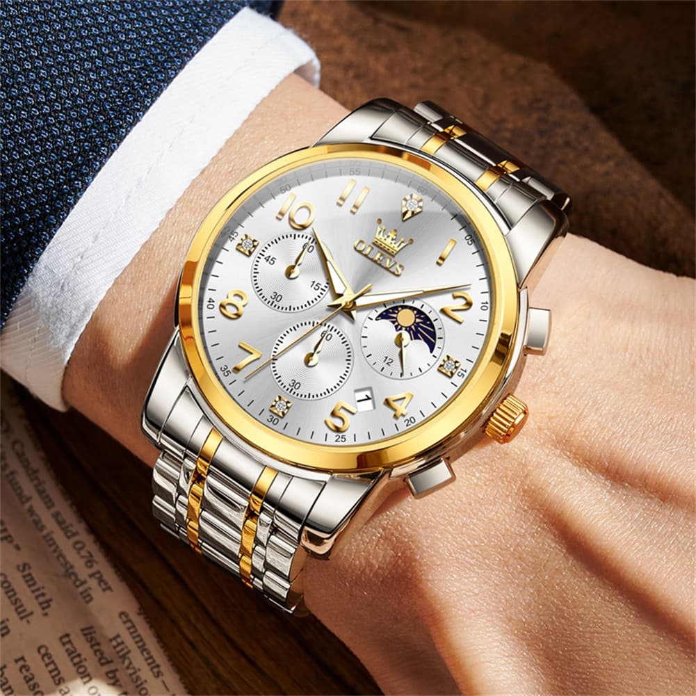 OLEVS 3628 Multifunction Moon Phase Quartz Watch for Men - All Gold Watch | Olevs Watch Store