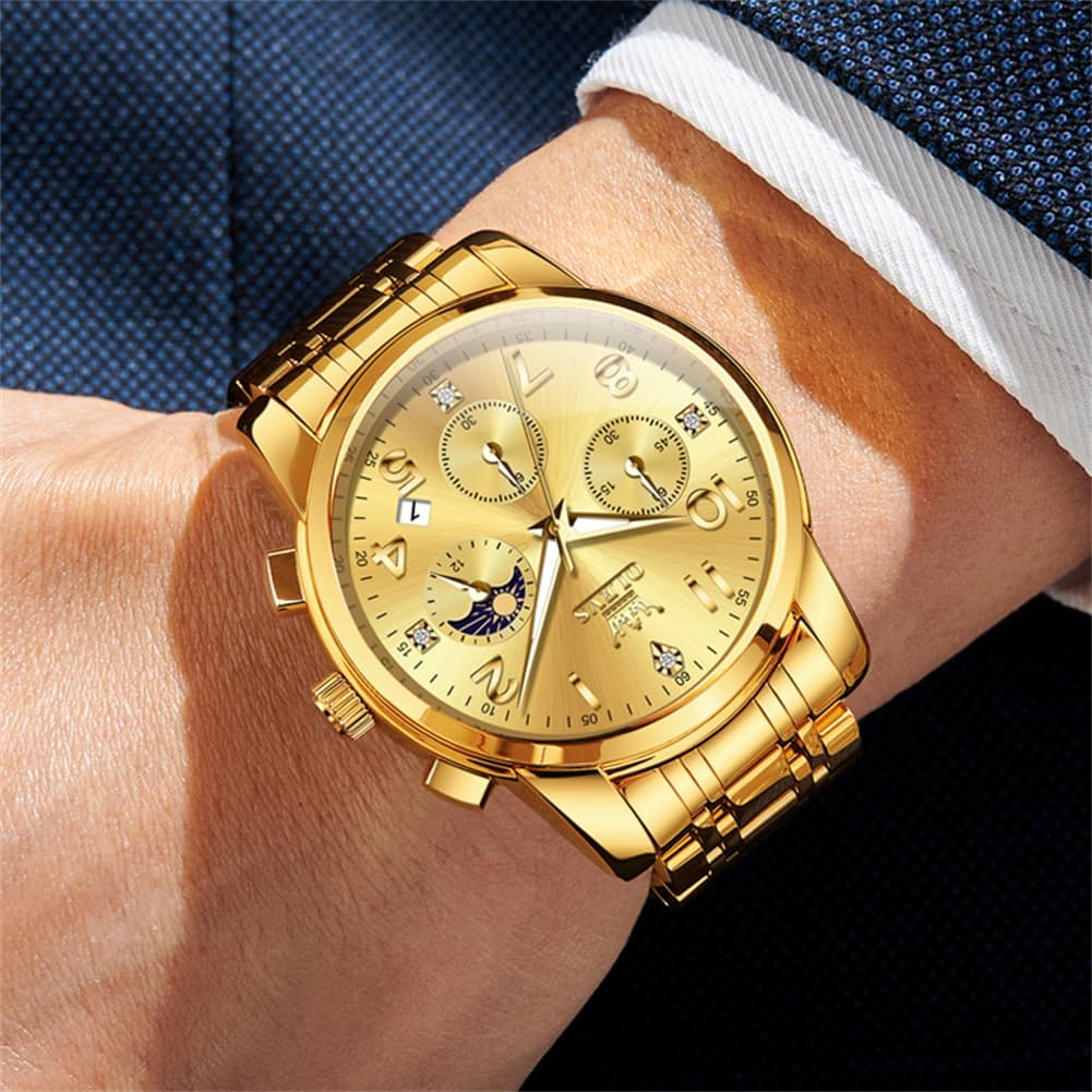 OLEVS 3628 Multifunction Moon Phase Quartz Watch for Men - All Gold Watch | Olevs Watch Store