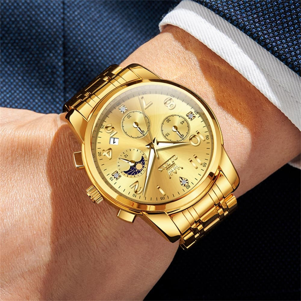 OLEVS 3628 Multifunction Moon Phase Quartz Watch for Men - All Gold Watch | Olevs Watch Store