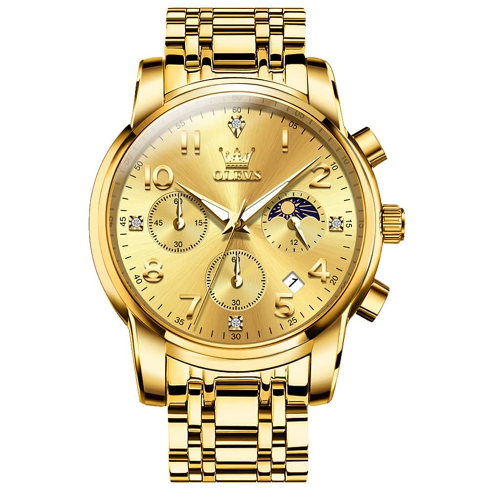 OLEVS 3628 Multifunction Moon Phase Quartz Watch for Men - All Gold Watch | Olevs Watch Store