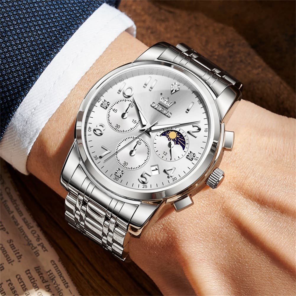 OLEVS 3628 Multifunction Moon Phase Quartz Watch for Men - All Gold Watch | Olevs Watch Store