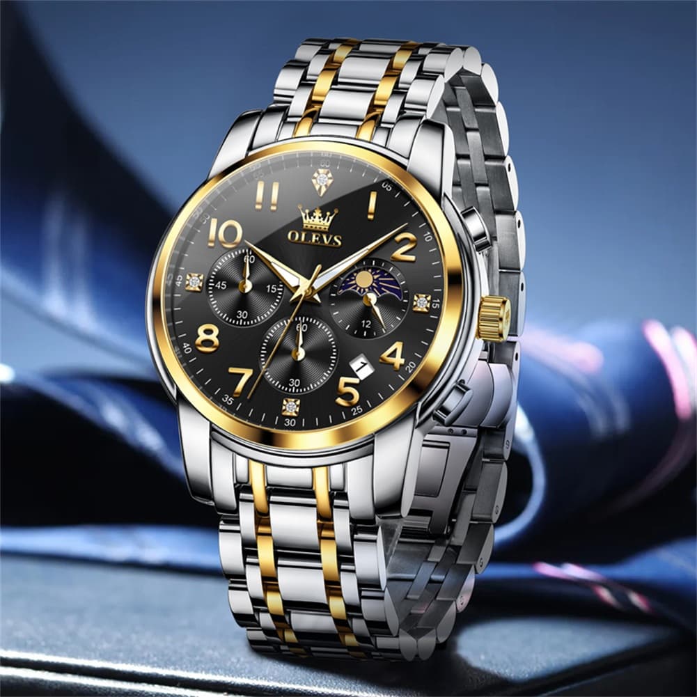 OLEVS 3628 Multifunction Moon Phase Quartz Watch for Men - All Gold Watch | Olevs Watch Store