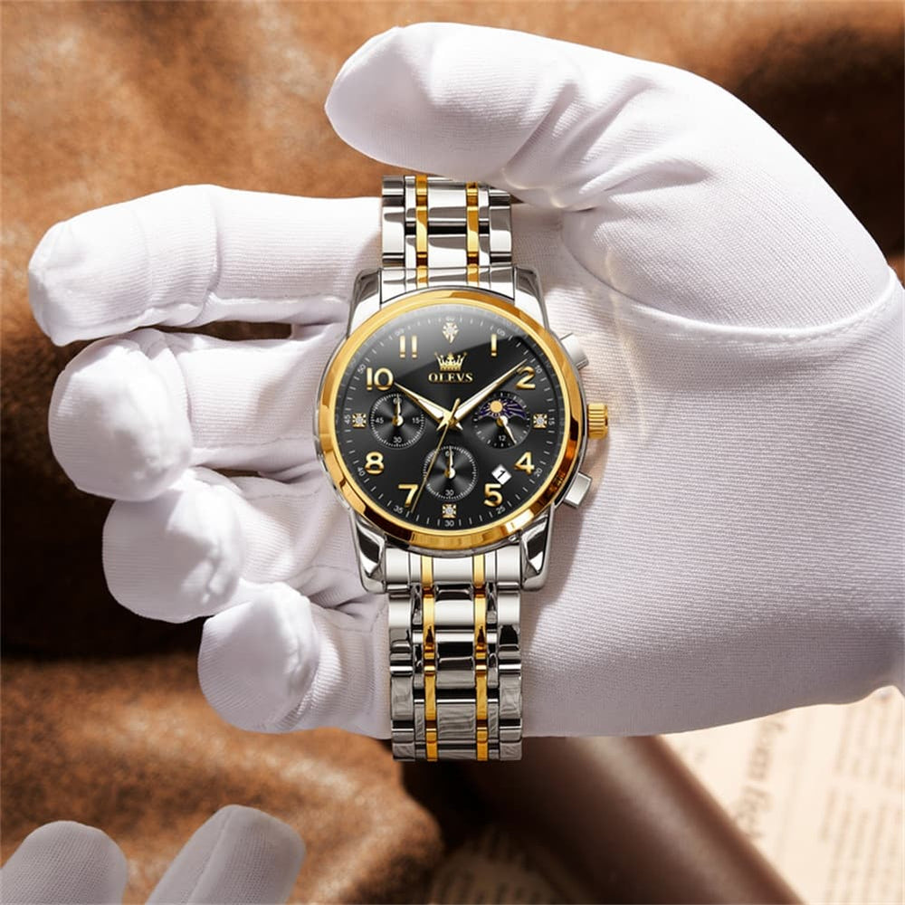OLEVS 3628 Multifunction Moon Phase Quartz Watch for Men - All Gold Watch | Olevs Watch Store