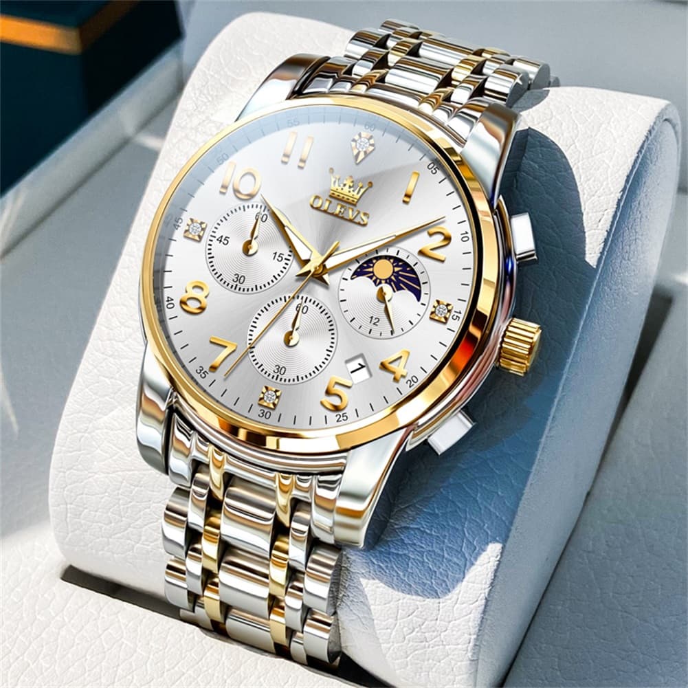 OLEVS 3628 Multifunction Moon Phase Quartz Watch for Men - All Gold Watch | Olevs Watch Store