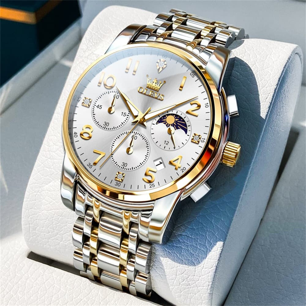 OLEVS 3628 Multifunction Moon Phase Quartz Watch for Men - All Gold Watch | Olevs Watch Store