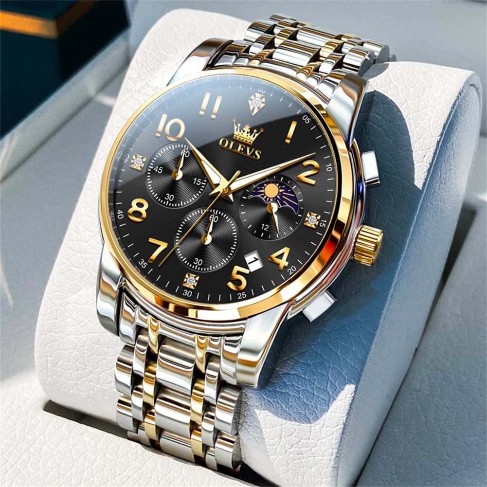 OLEVS 3628 Multifunction Moon Phase Quartz Watch for Men - All Gold Watch | Olevs Watch Store