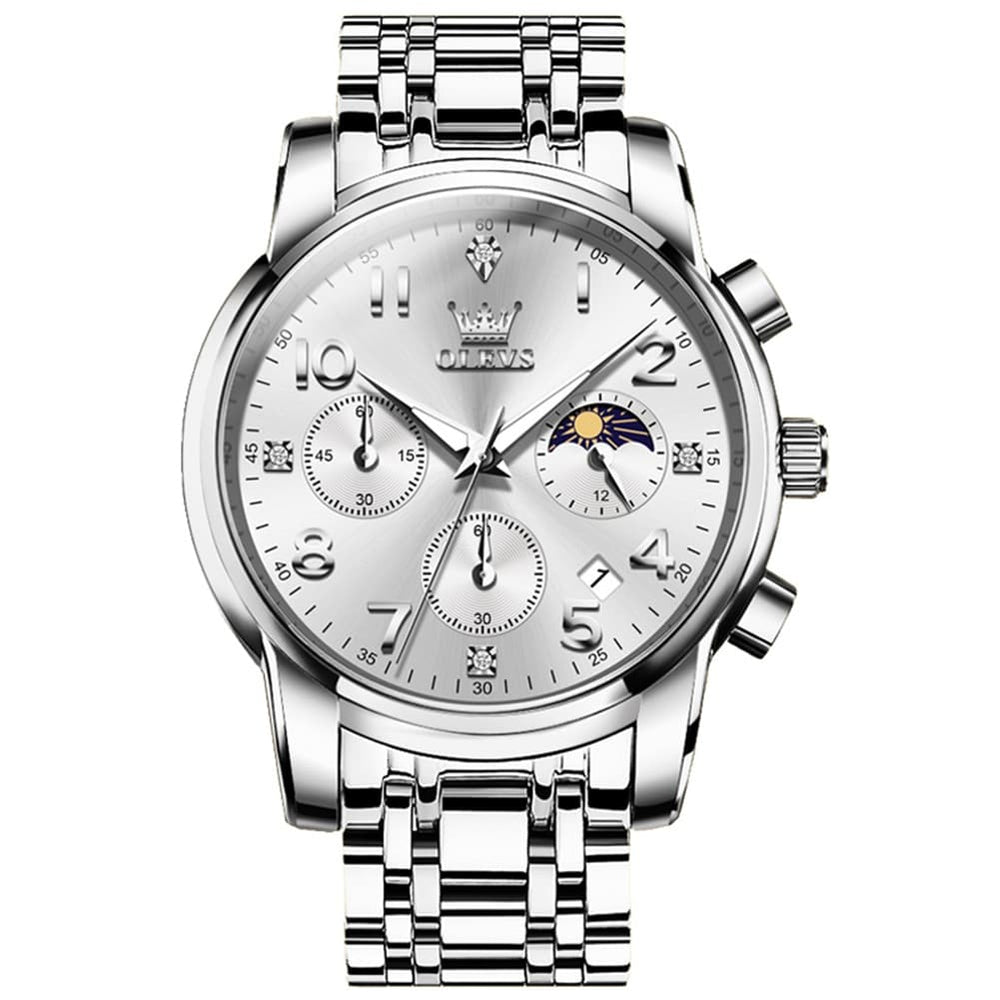 OLEVS 3628 Multifunction Moon Phase Quartz Watch for Men - Silver White Watch | Olevs Watch Store