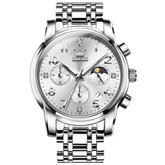 OLEVS 3628 Multifunction Moon Phase Quartz Watch for Men - Silver White Watch | Olevs Watch Store