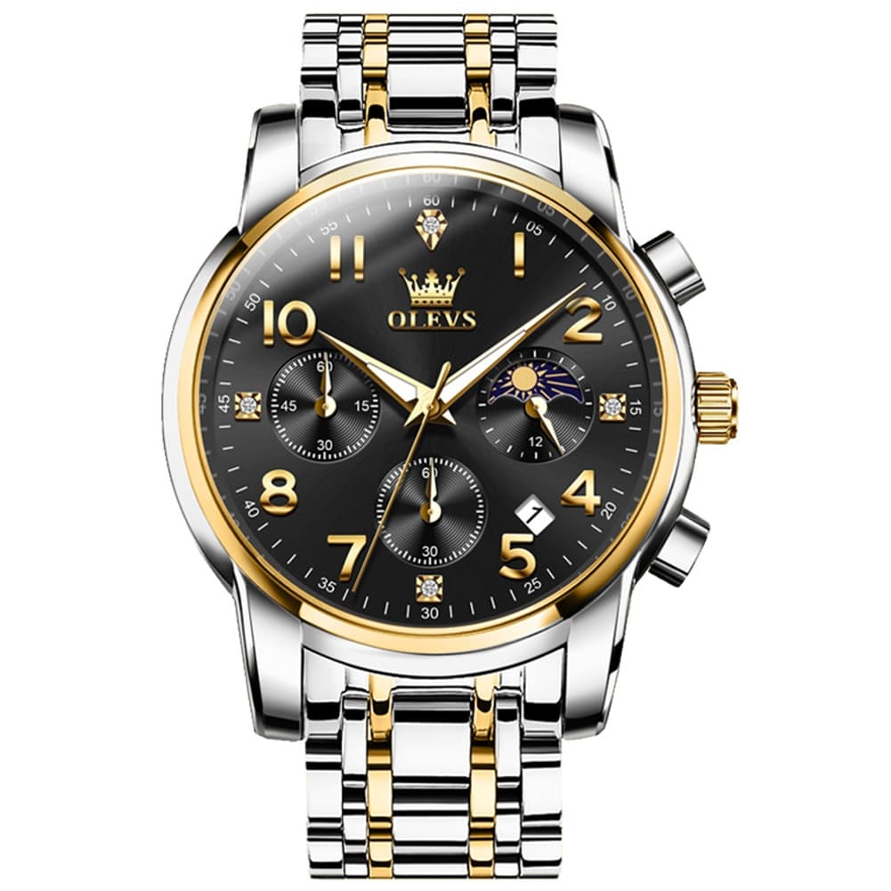 OLEVS 3628 Multifunction Moon Phase Quartz Watch for Men - Two Tone Black Watch | Olevs Watch Store