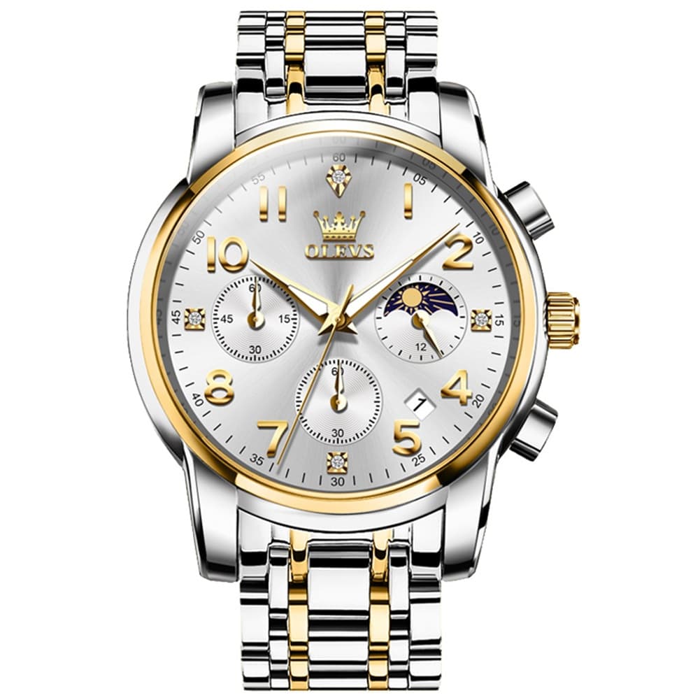 OLEVS 3628 Multifunction Moon Phase Quartz Watch for Men - Two Tone White Watch | Olevs Watch Store