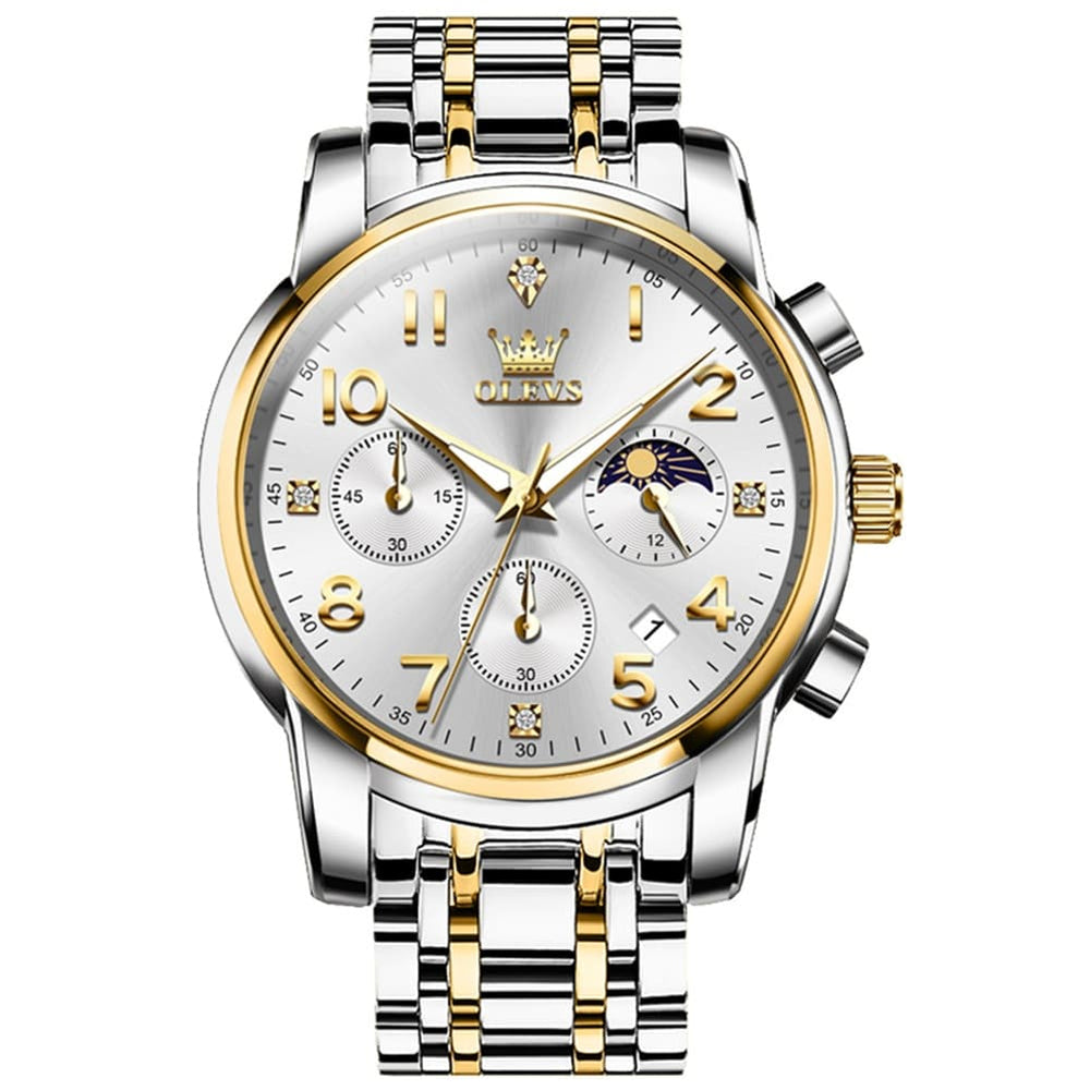 OLEVS 3628 Multifunction Moon Phase Quartz Watch for Men - Two Tone White Watch | Olevs Watch Store
