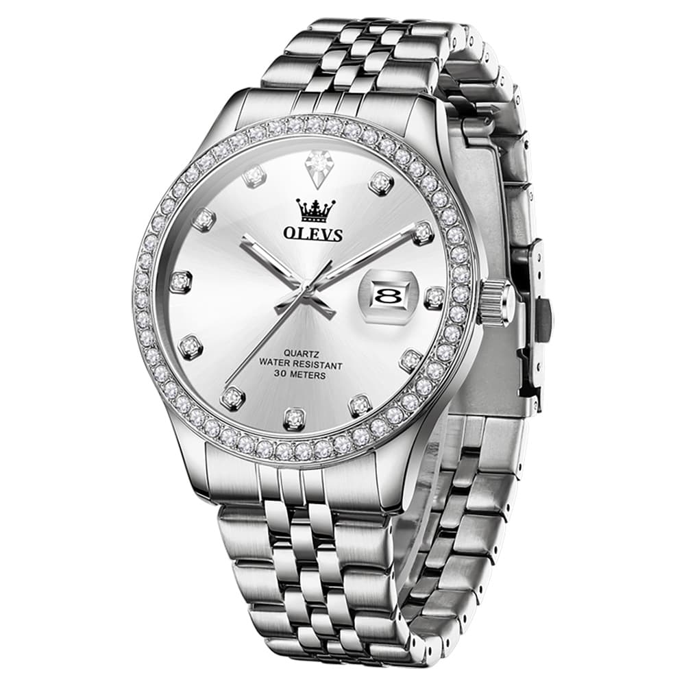 OLEVS 3629 Diamond Bezel Quartz Steel Watch for Men - Silver White Watch | Olevs Watch Store