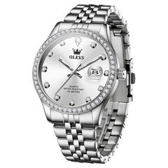 OLEVS 3629 Diamond Bezel Quartz Steel Watch for Men - Silver White Watch | Olevs Watch Store