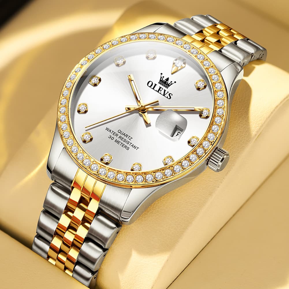 OLEVS 3629 Diamond Bezel Quartz Steel Watch for Men - Two Tone White Watch | Olevs Watch Store