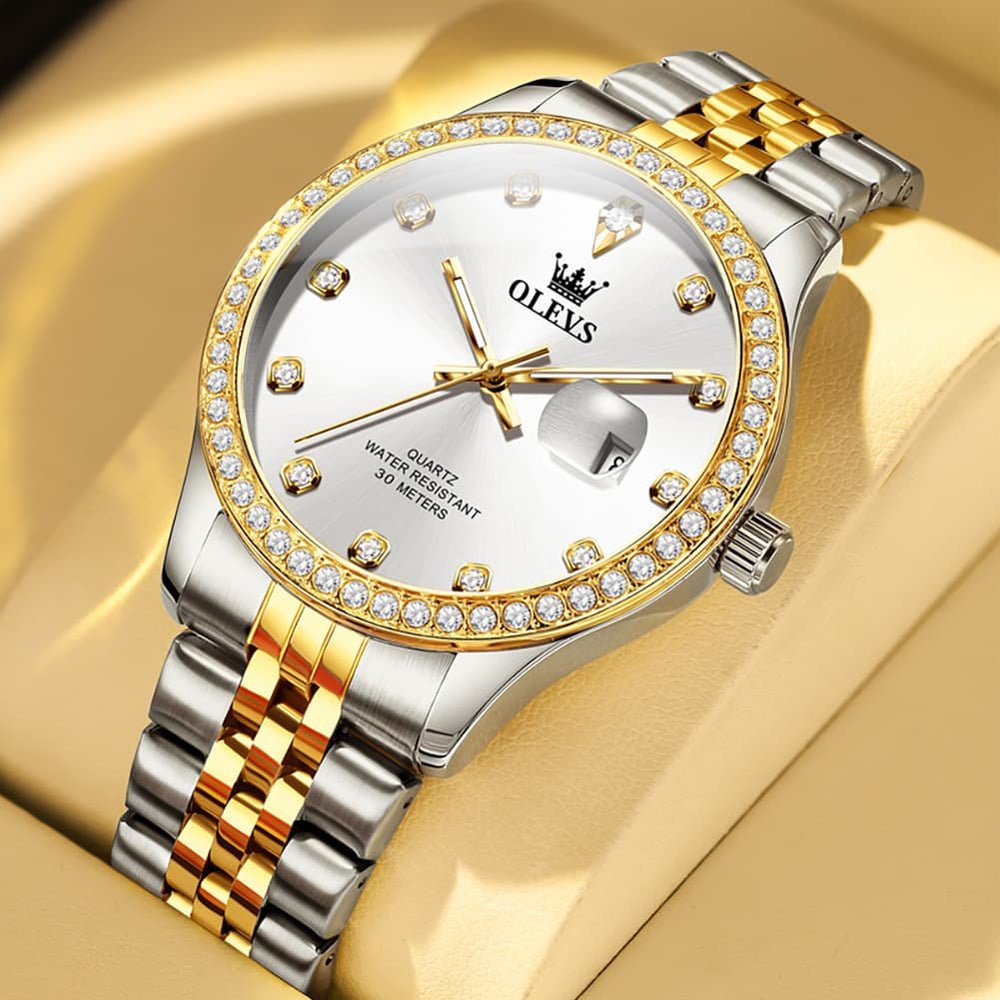 OLEVS 3629 Diamond Bezel Quartz Steel Watch for Men - Two Tone White Watch | Olevs Watch Store