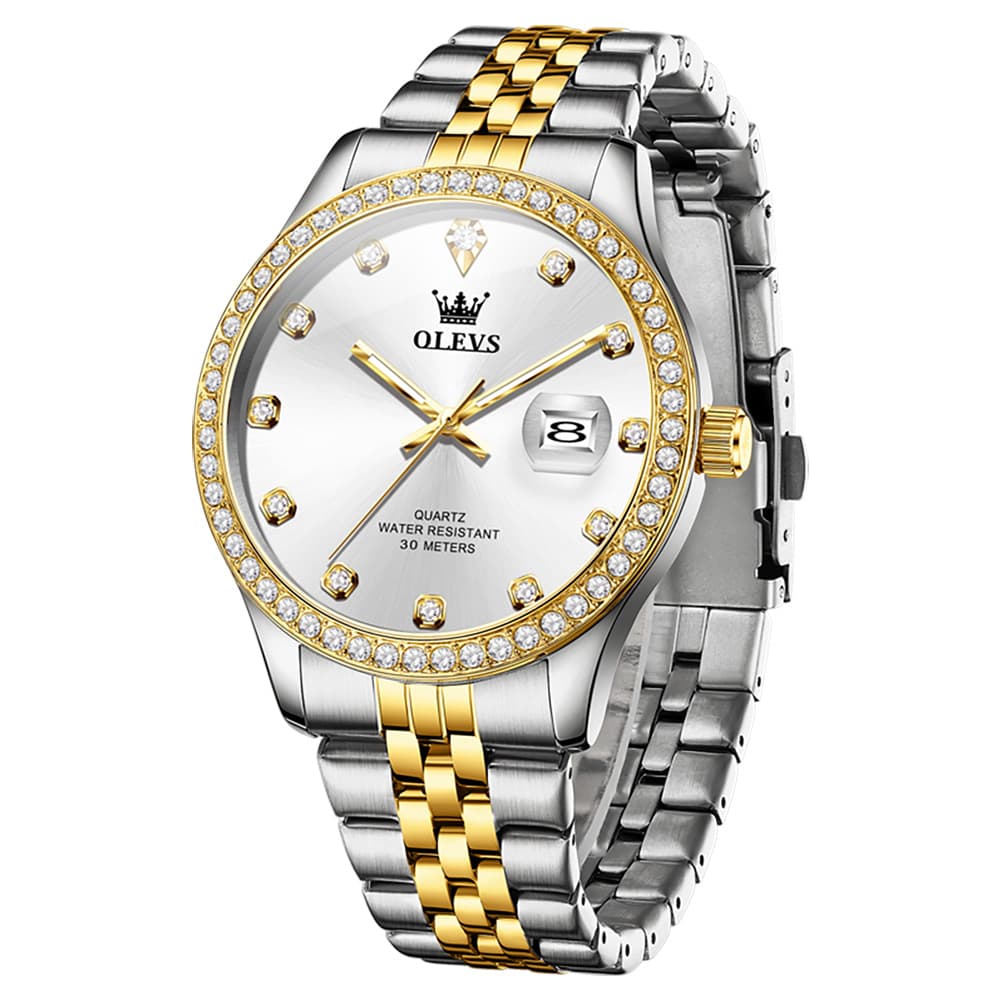 OLEVS 3629 Diamond Bezel Quartz Steel Watch for Men - Two Tone White Watch | Olevs Watch Store