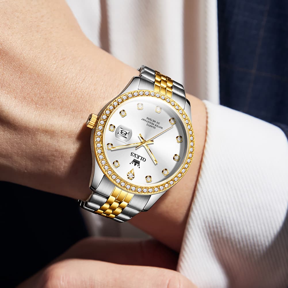 OLEVS 3629 Diamond Bezel Quartz Steel Watch for Men - Two Tone White Watch | Olevs Watch Store