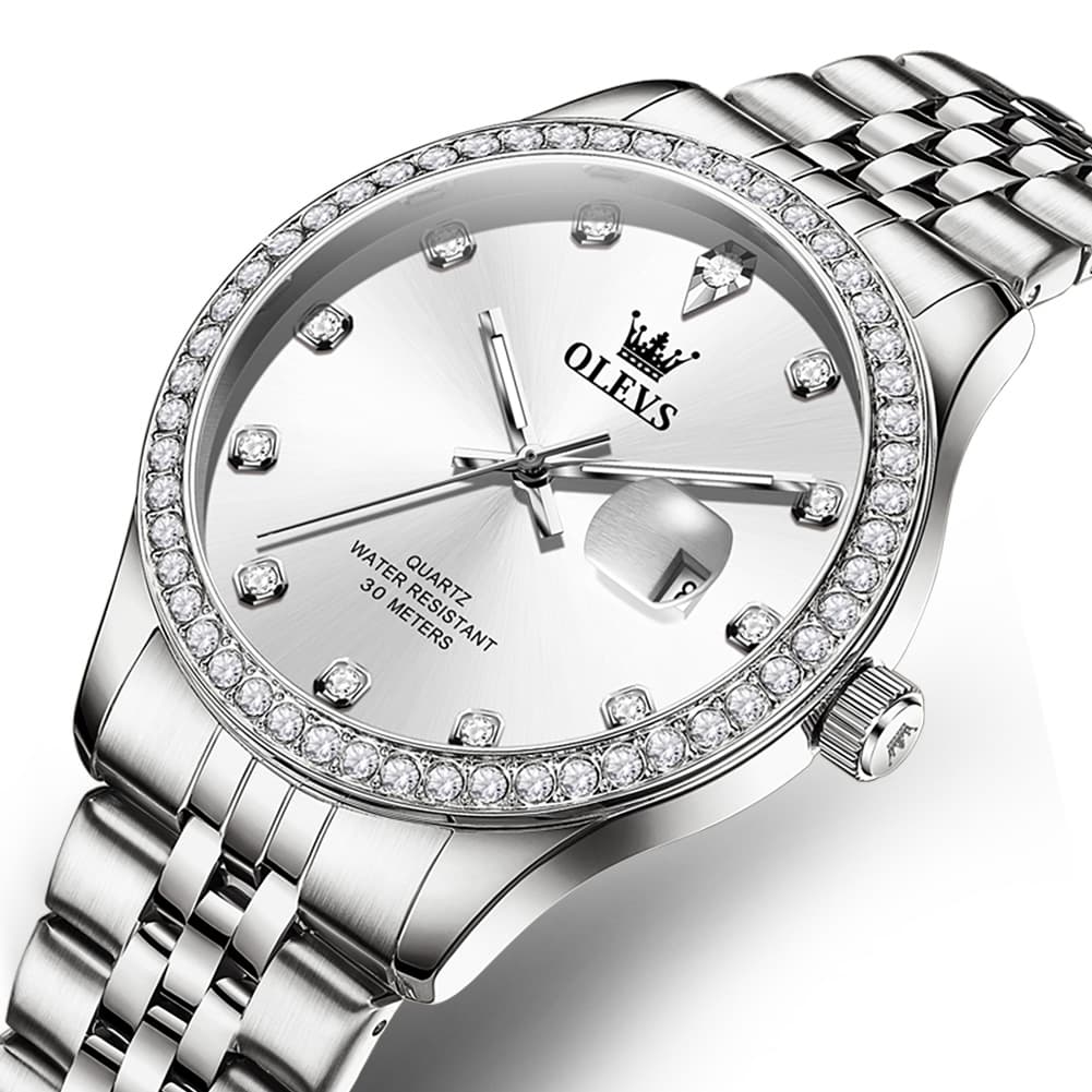OLEVS 3629 Diamond Bezel Quartz Steel Watch for Men - Two Tone White Watch | Olevs Watch Store