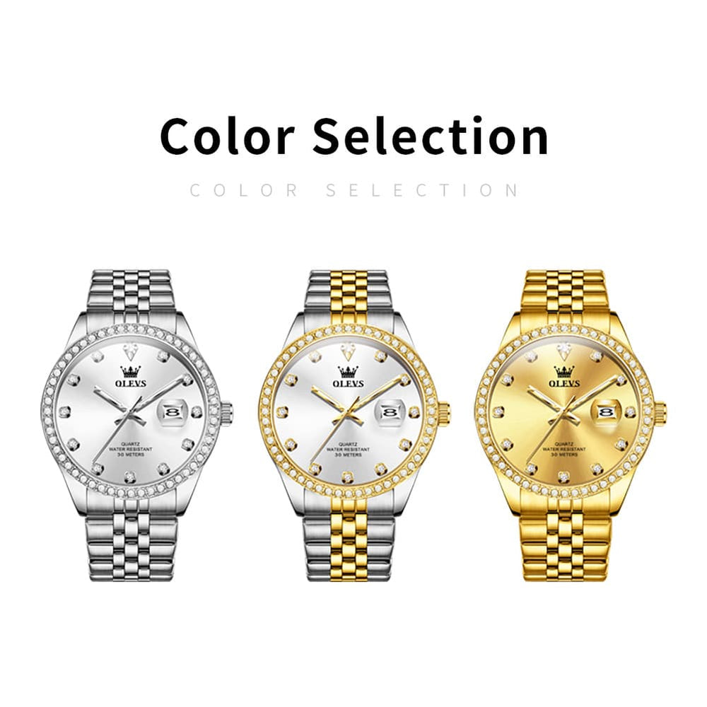 OLEVS 3629 Diamond Bezel Quartz Steel Watch for Men - Two Tone White Watch | Olevs Watch Store