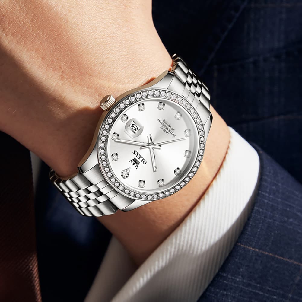 OLEVS 3629 Diamond Bezel Quartz Steel Watch for Men - Two Tone White Watch | Olevs Watch Store