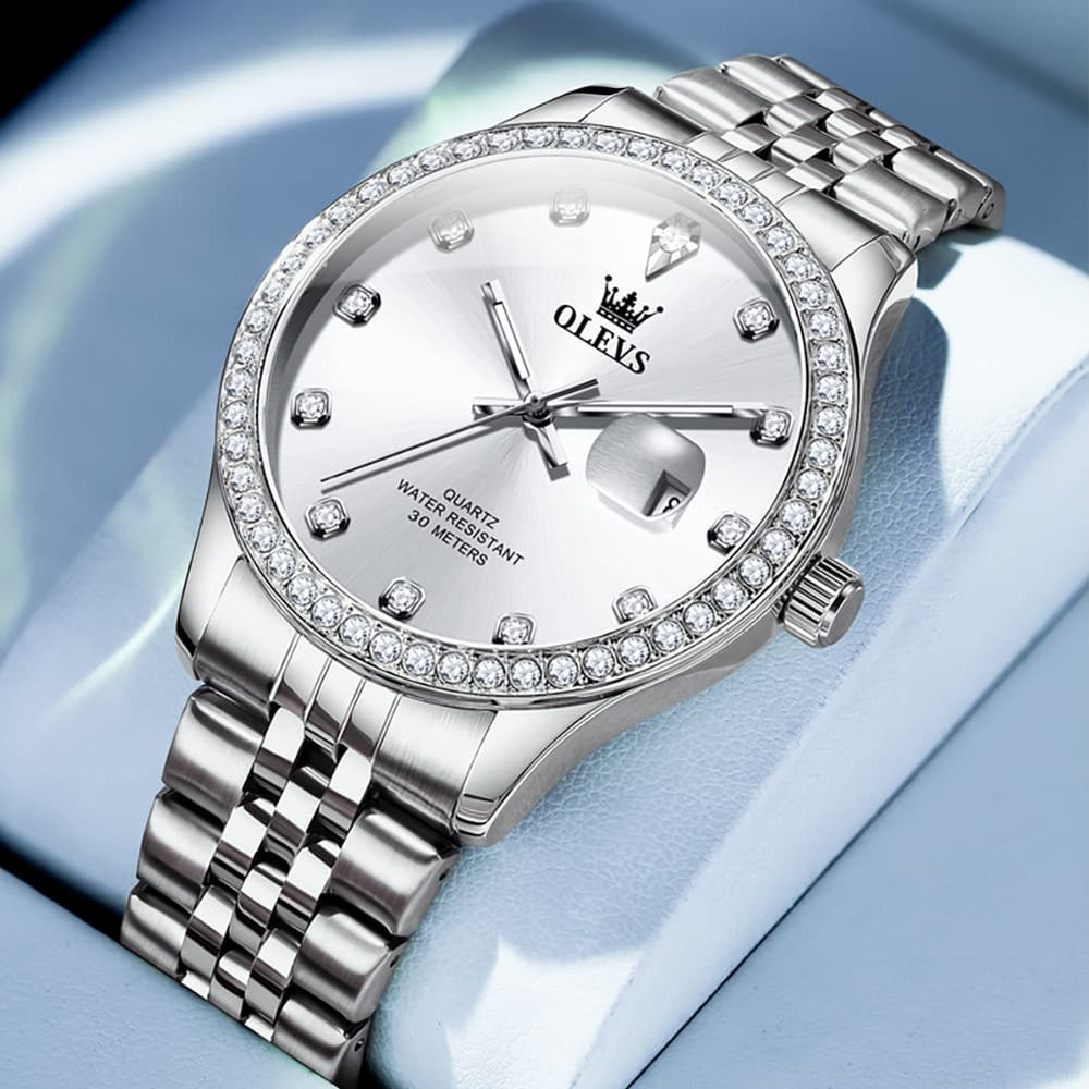 OLEVS 3629 Diamond Bezel Quartz Steel Watch for Men - Two Tone White Watch | Olevs Watch Store