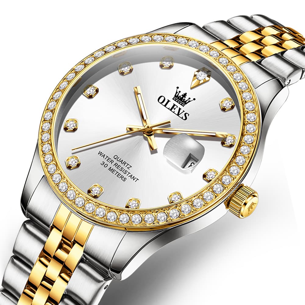 OLEVS 3629 Diamond Bezel Quartz Steel Watch for Men - Two Tone White Watch | Olevs Watch Store
