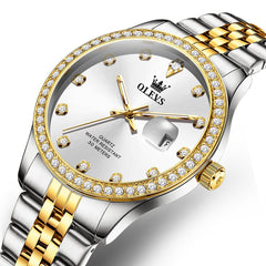 OLEVS 3629 Diamond Bezel Quartz Steel Watch for Men - Two Tone White Watch | Olevs Watch Store