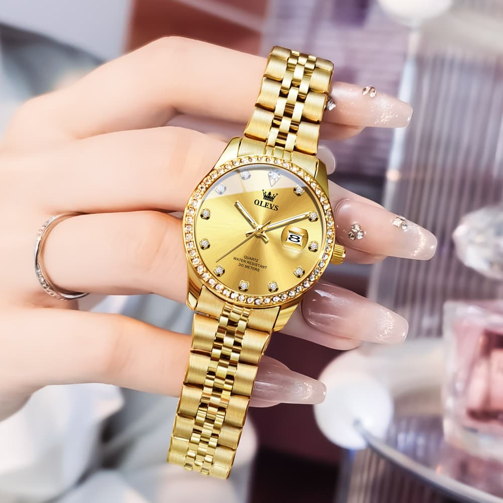 OLEVS 3629NN Diamond Bezel Quartz Steel Watch for Women - All Gold Watch | Olevs Watch Store