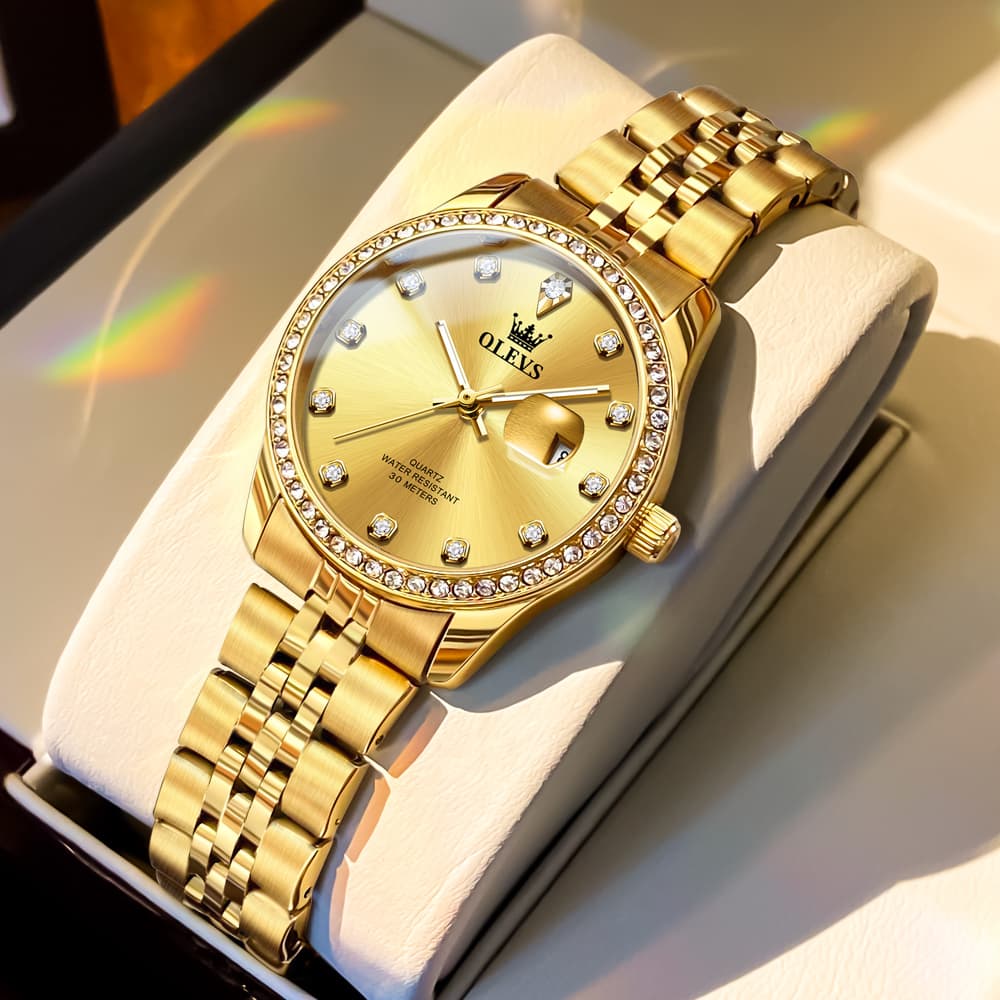 OLEVS 3629NN Diamond Bezel Quartz Steel Watch for Women - All Gold Watch | Olevs Watch Store