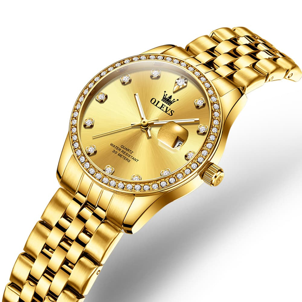 OLEVS 3629NN Diamond Bezel Quartz Steel Watch for Women - All Gold Watch | Olevs Watch Store