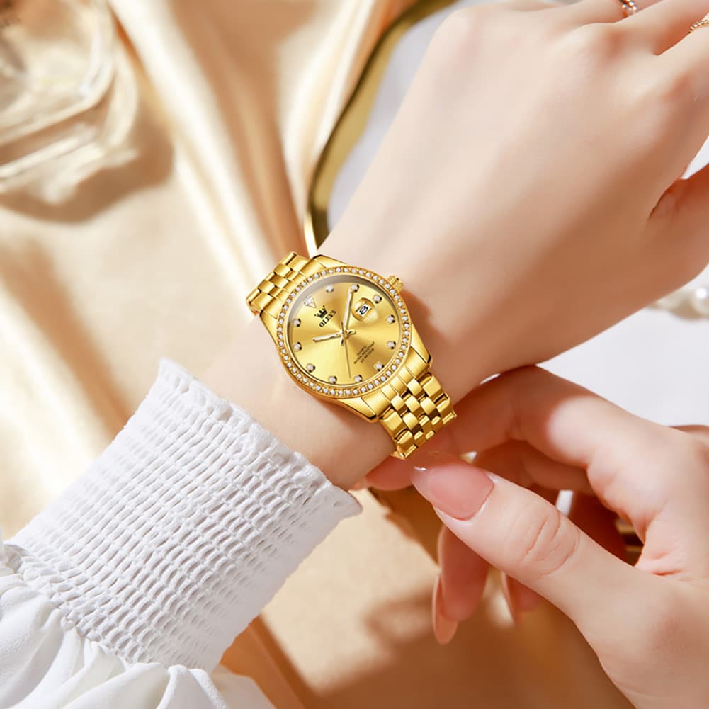 OLEVS 3629NN Diamond Bezel Quartz Steel Watch for Women - All Gold Watch | Olevs Watch Store