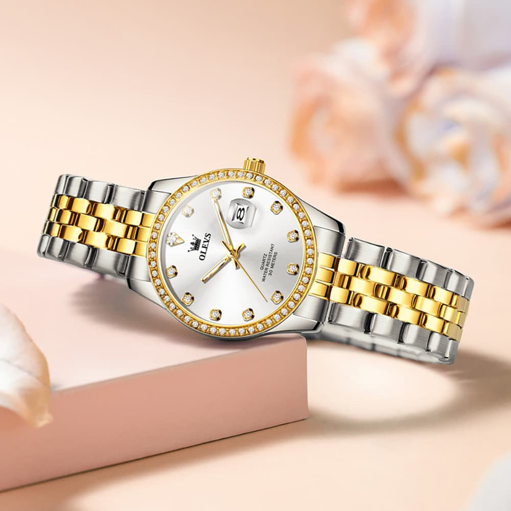 OLEVS 3629NN Diamond Bezel Quartz Steel Watch for Women - All Gold Watch | Olevs Watch Store