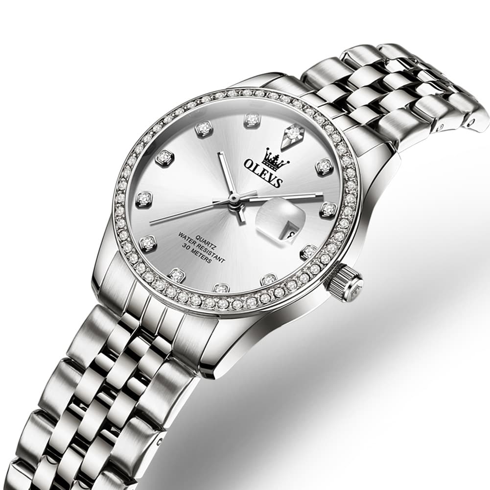 OLEVS 3629NN Diamond Bezel Quartz Steel Watch for Women - Silver White Watch | Olevs Watch Store