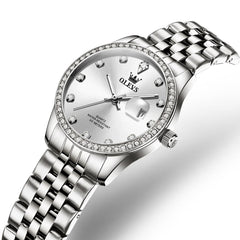 OLEVS 3629NN Diamond Bezel Quartz Steel Watch for Women - Silver White Watch | Olevs Watch Store