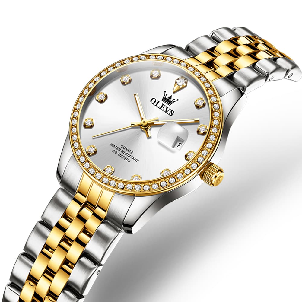 OLEVS 3629NN Diamond Bezel Quartz Steel Watch for Women - Two Tone White Watch | Olevs Watch Store